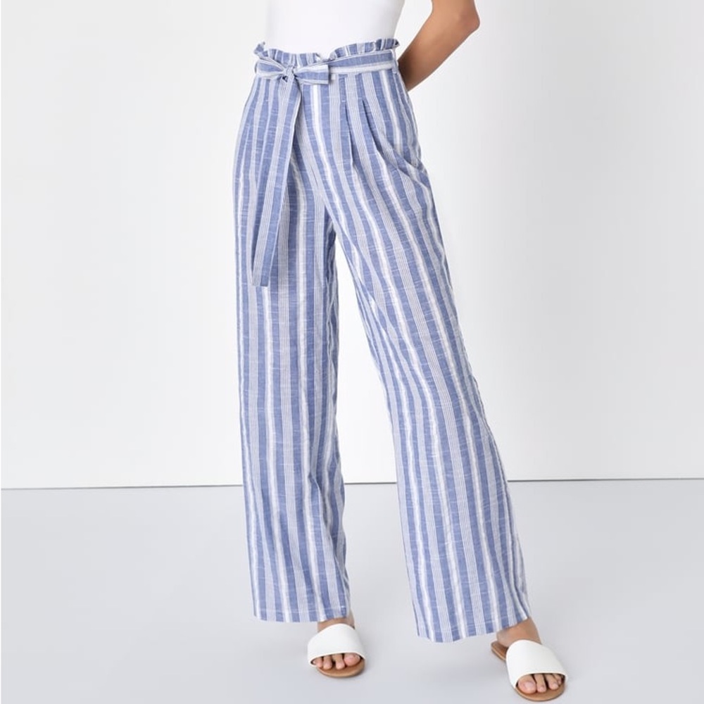 Blue and White Striped Paper Bag Wide-Leg Pants